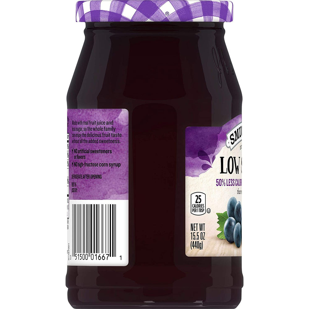 Smucker's label close-up with nutrition facts highlighting lower sugar
