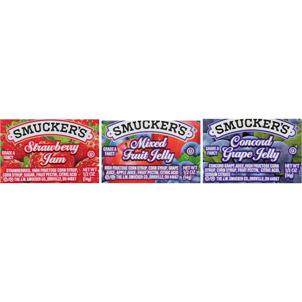 Smucker's front packaging assortment showing three flavors and case quantity benefit