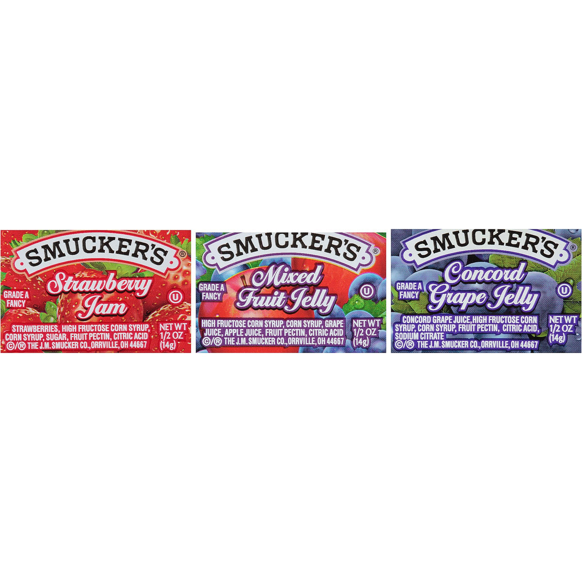 Smucker's front packaging assortment showing three flavors and case quantity benefit