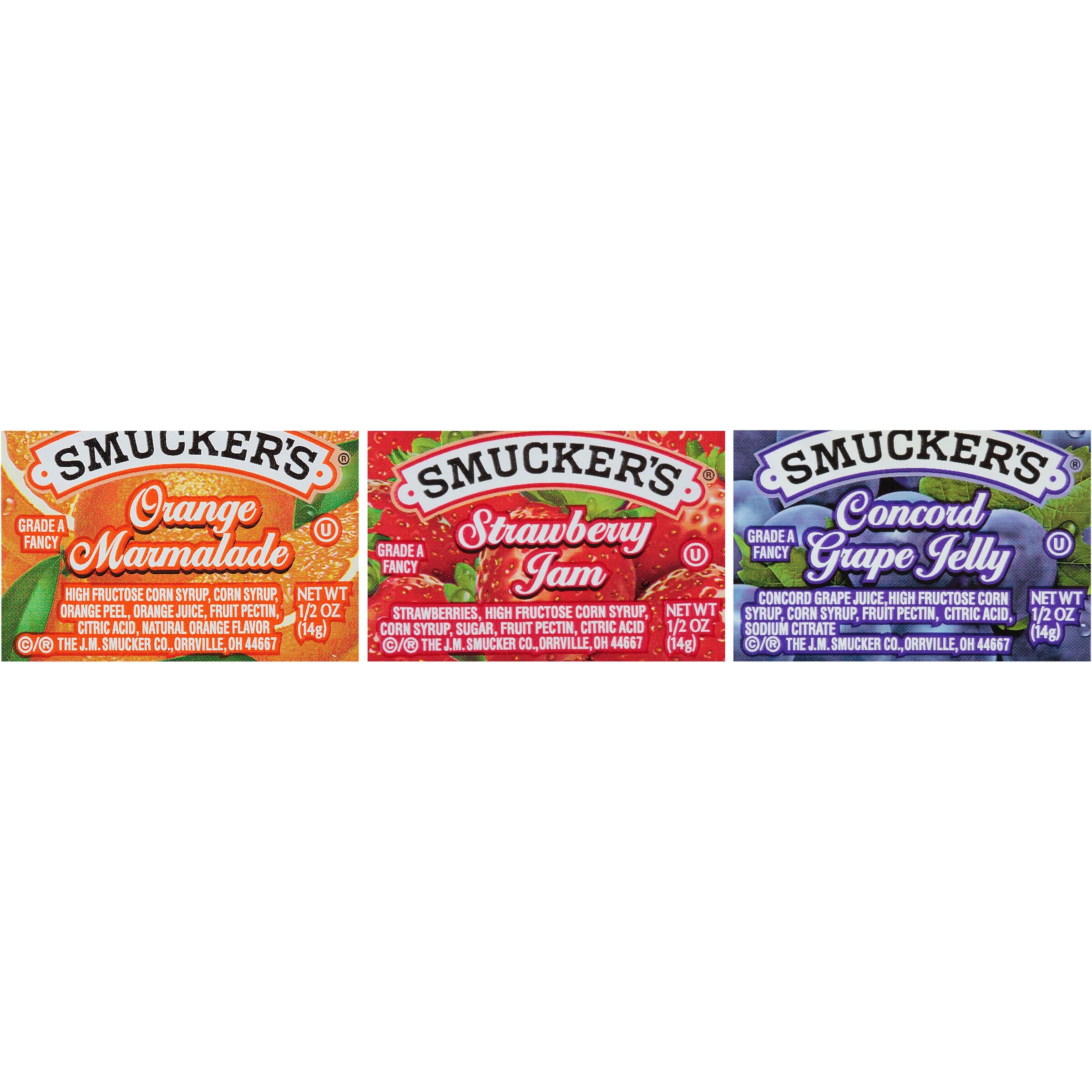 Smucker's front packaging assortment showing grape strawberry orange - clear branding and portion control