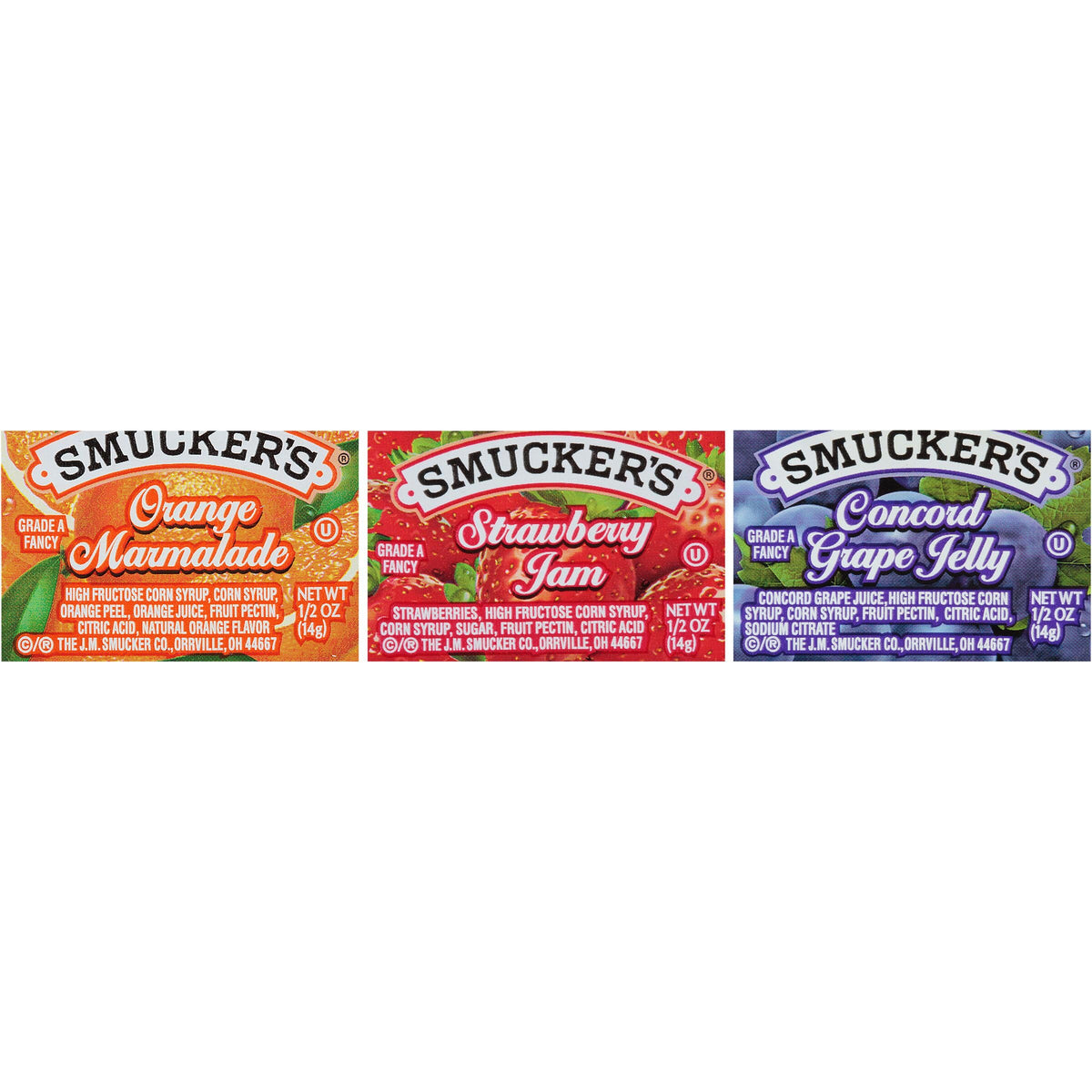 Smucker's front packaging assortment showing grape strawberry orange - clear branding and portion control