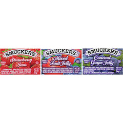 Smucker's front packaging assortment showing three flavors and case quantity benefit