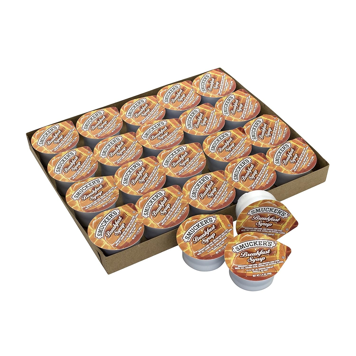Smucker's tub in use on pancake tray for quick guest convenience