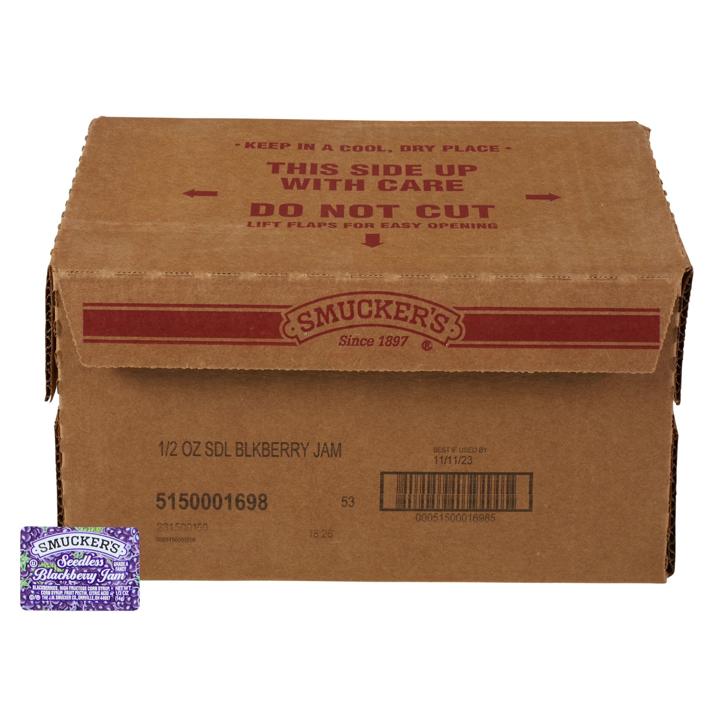 Smucker's front packaging showing single-serve jam cups and brand clarity