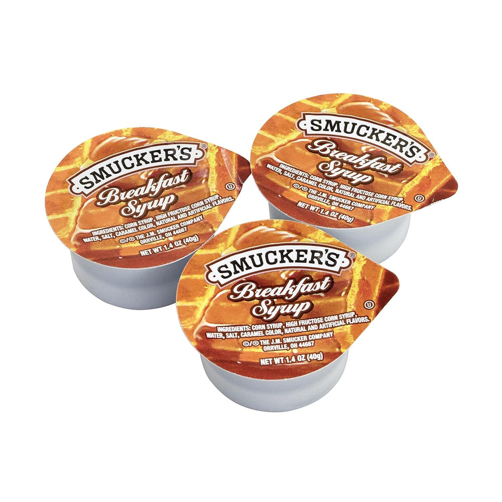 Smucker's syrup close-up texture in tub showing rich color and easy pour