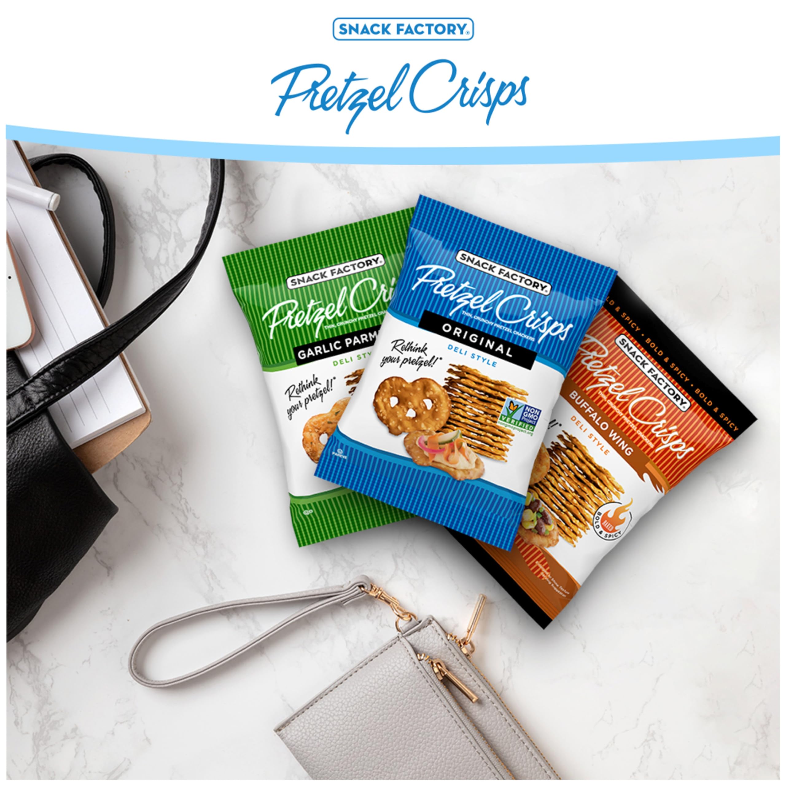 Snack Factory three flavor bags lined up showing Original, Buffalo Wing, and Garlic Parmesan