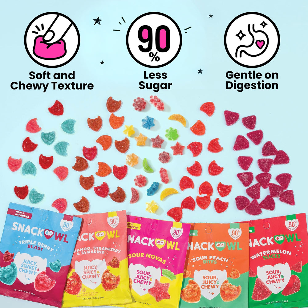 Snack Owl bag next to ruler showing 1.8 oz scale and clear portion benefit