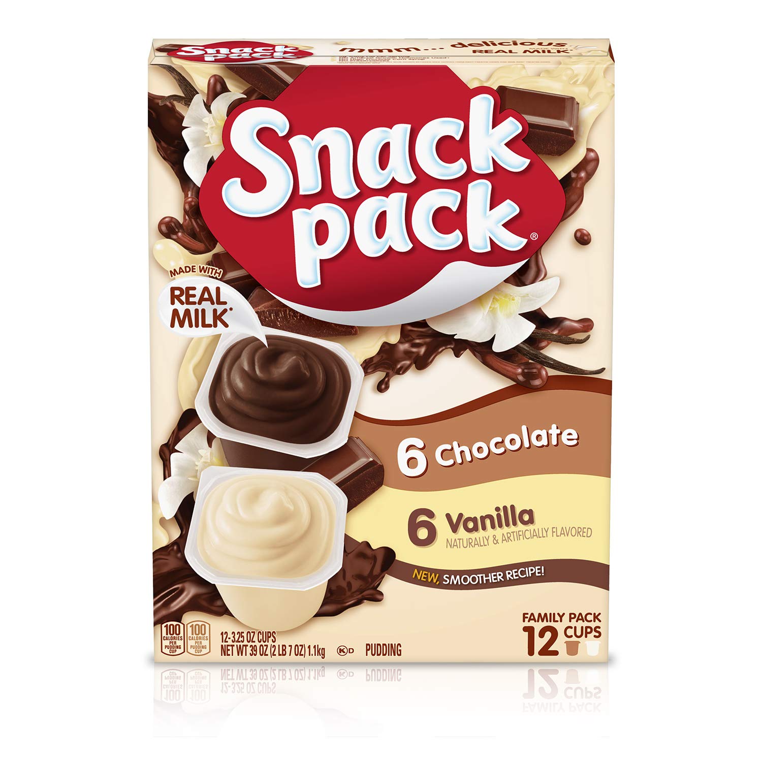 Snack Pack family pack front packaging showing both chocolate and vanilla benefits