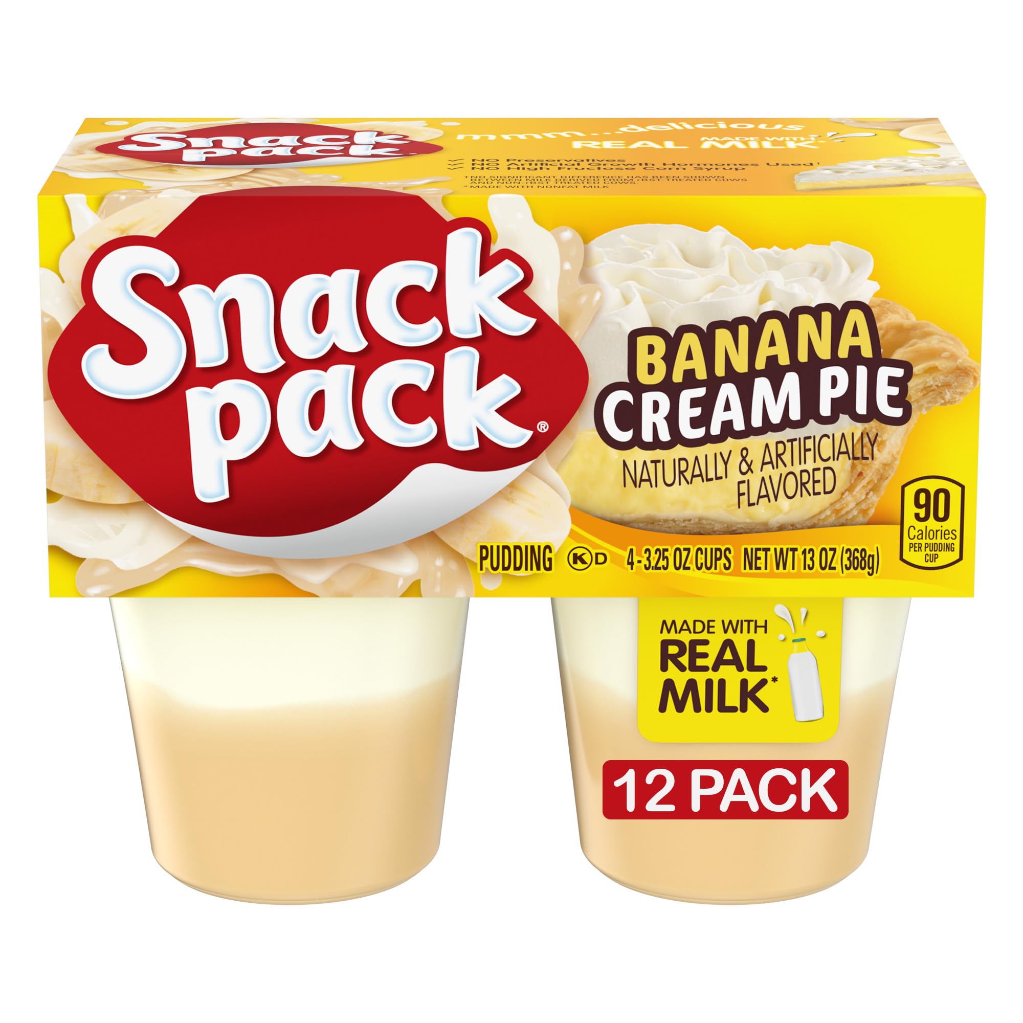 Snack Pack front packaging showing banana cream pie flavor and pack size, convenient storage