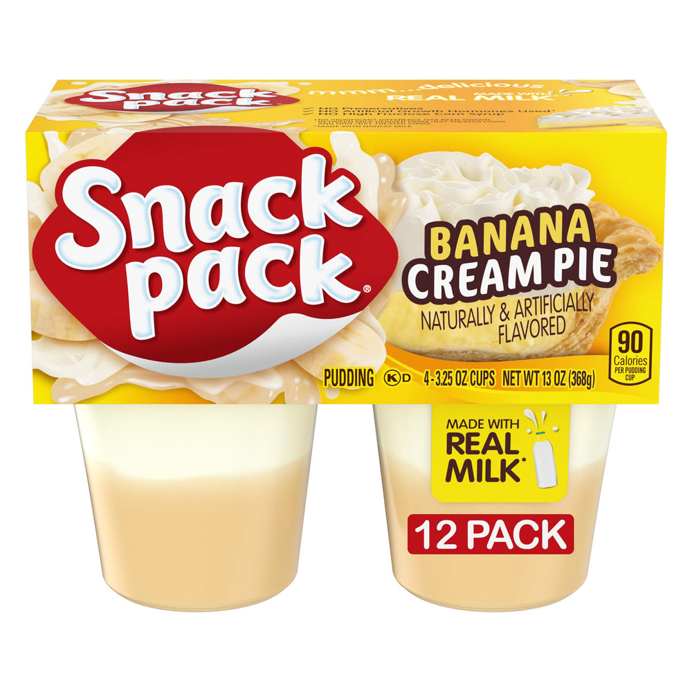 Snack Pack front packaging showing banana cream pie flavor and pack size, convenient storage