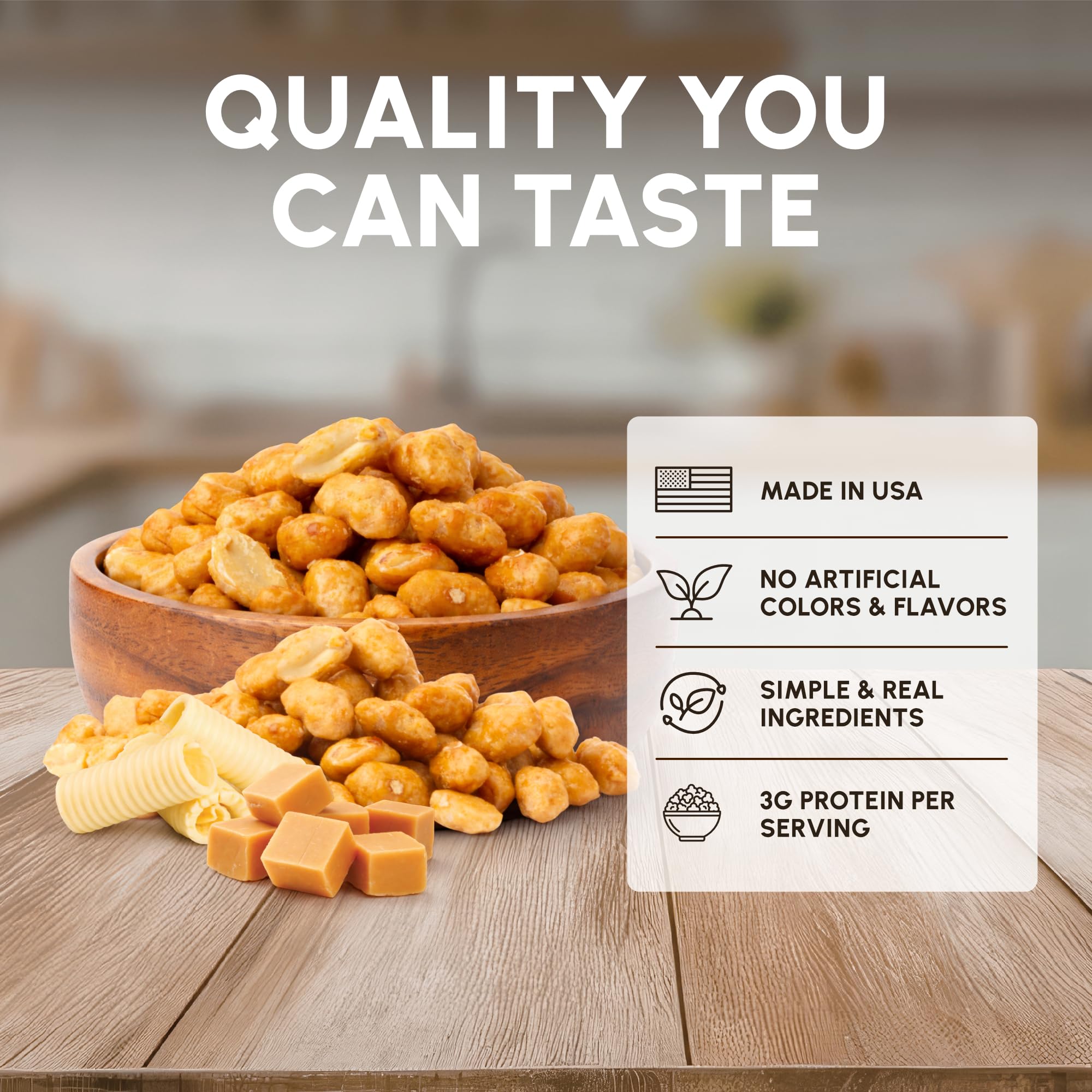 Snackathon close-up of butter toffee coating highlighting crunchy texture and rich flavor