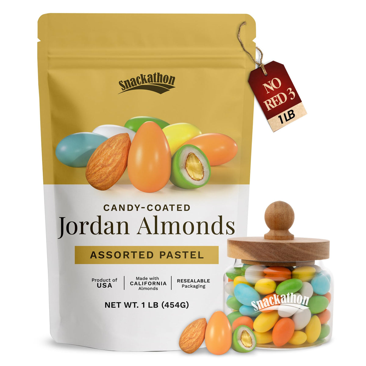 Snackathon front of packaging showing pastel candies and resealable bag for easy storage
