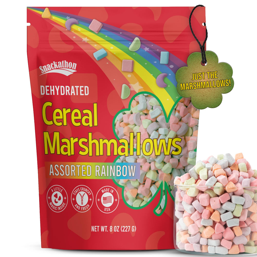 Snackathon front packaging shows bright 8 oz resealable bag and colorful marshmallow benefit: easy storage