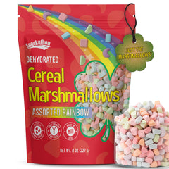 Snackathon front packaging shows bright 8 oz resealable bag and colorful marshmallow benefit: easy storage