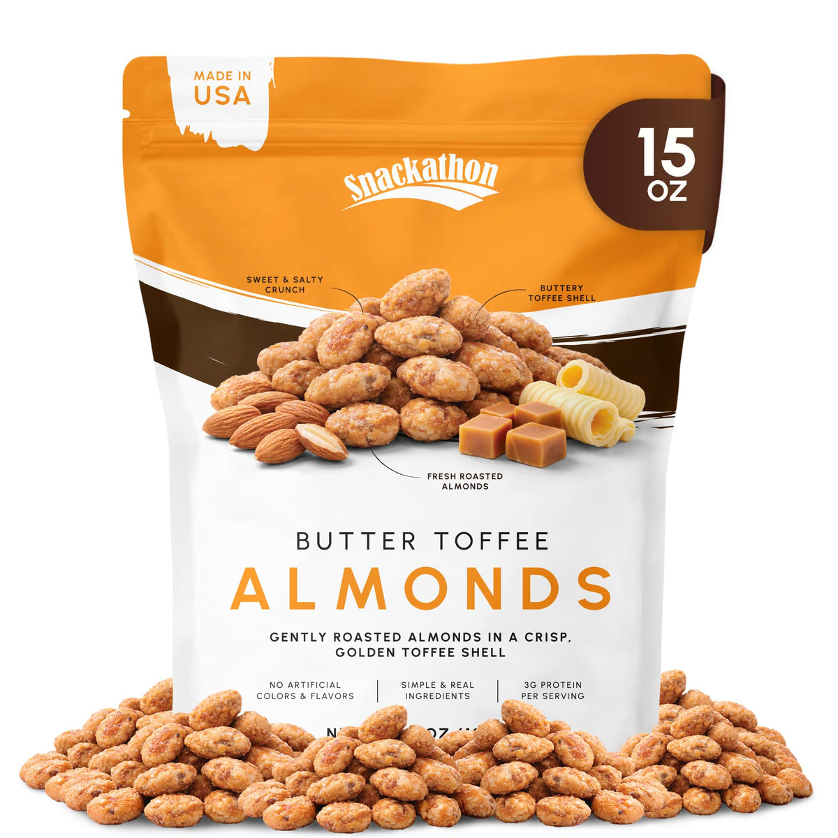 Snackathon front packaging showing 15 oz resealable bag and gourmet appeal