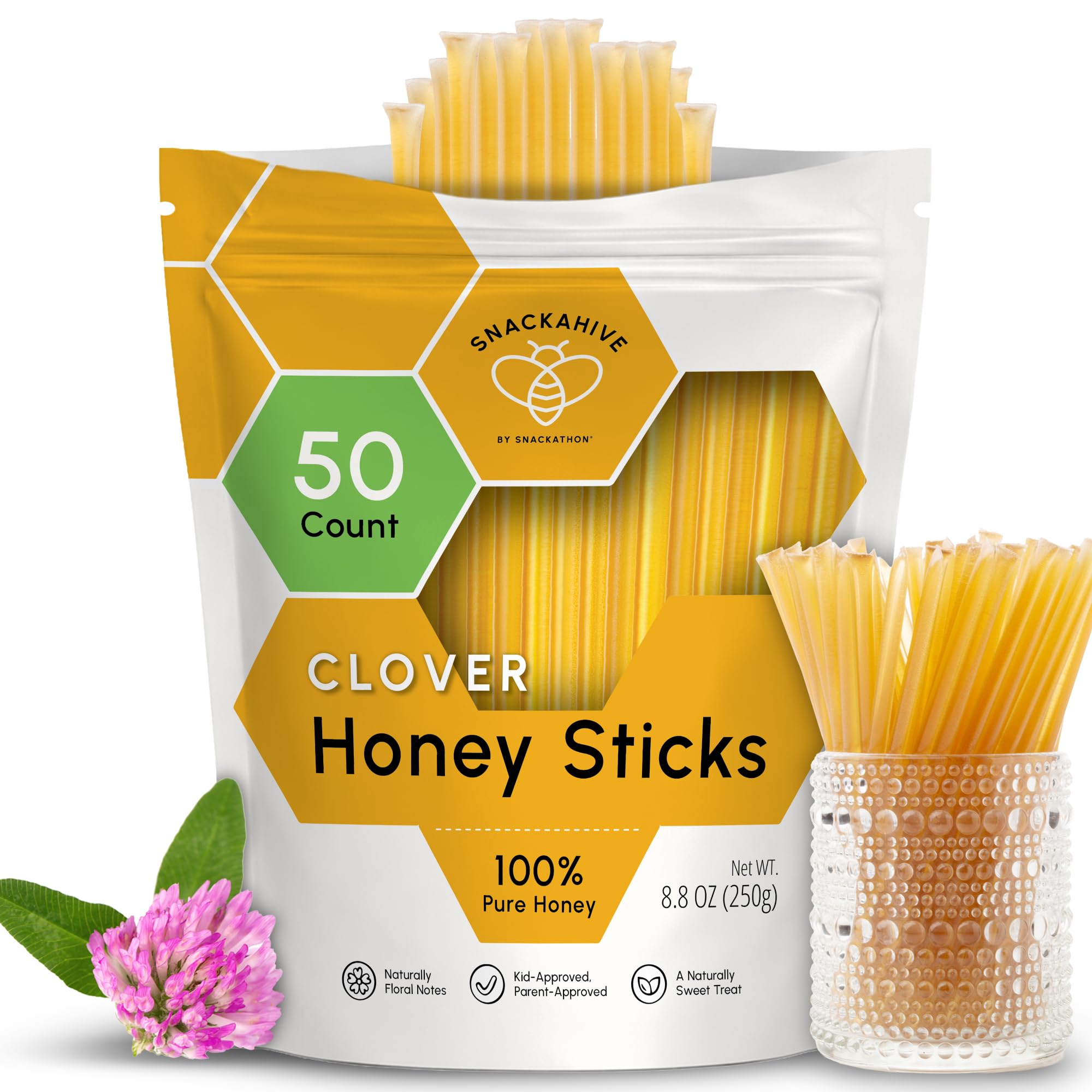 Snackathon front packaging showing 50-count honey sticks and easy storage benefit