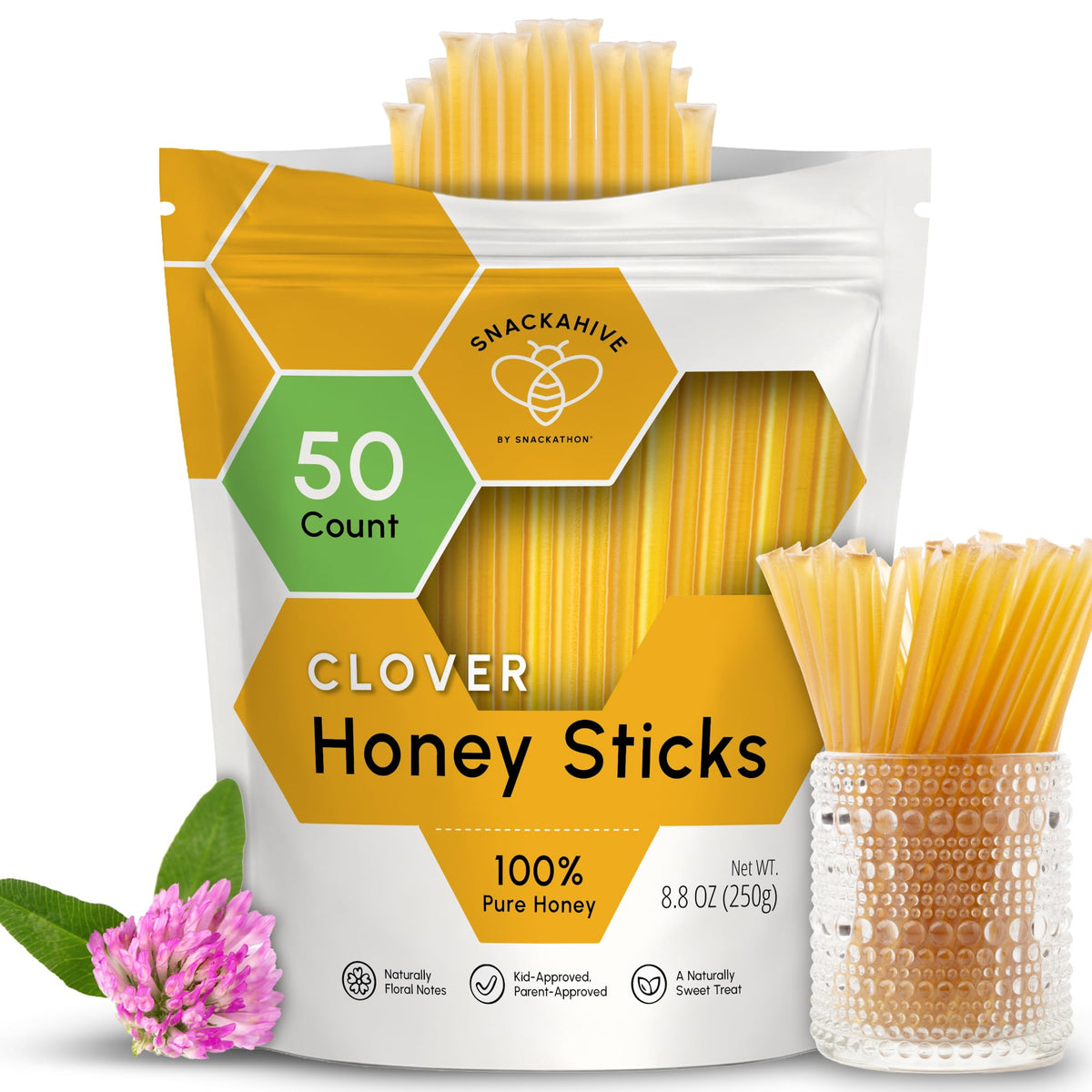 Snackathon front packaging showing 50-count honey sticks and easy storage benefit