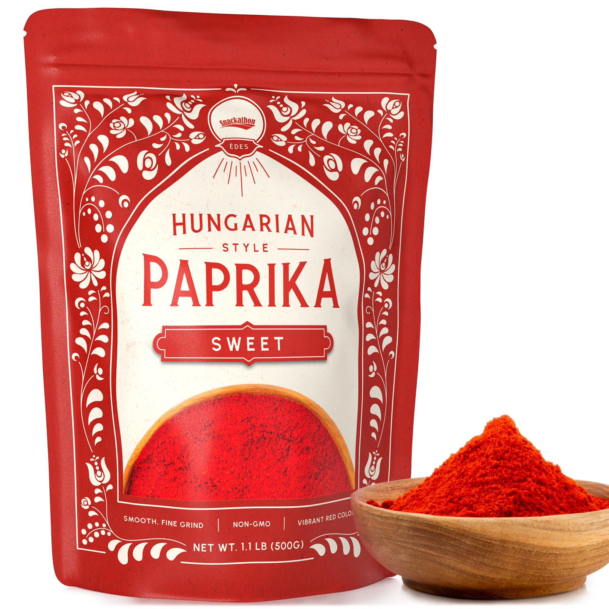 Snackathon front packaging showing resealable 1.1 lb bag and vibrant paprika color for long freshness