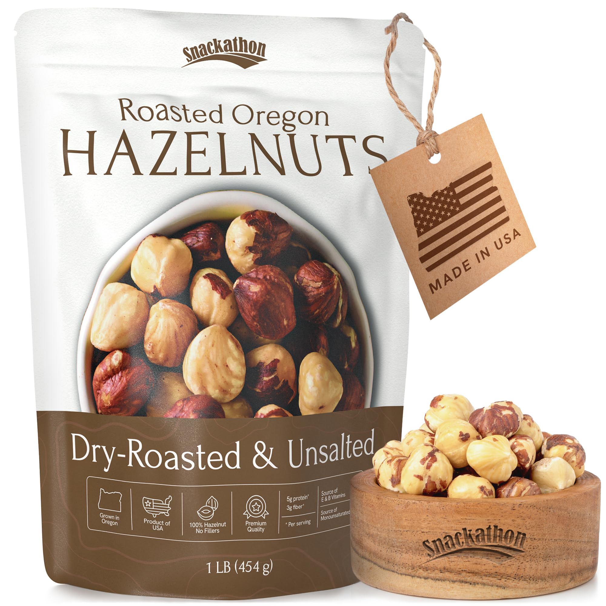 Snackathon front packaging showing 1 lb resealable bag and product clarity benefit