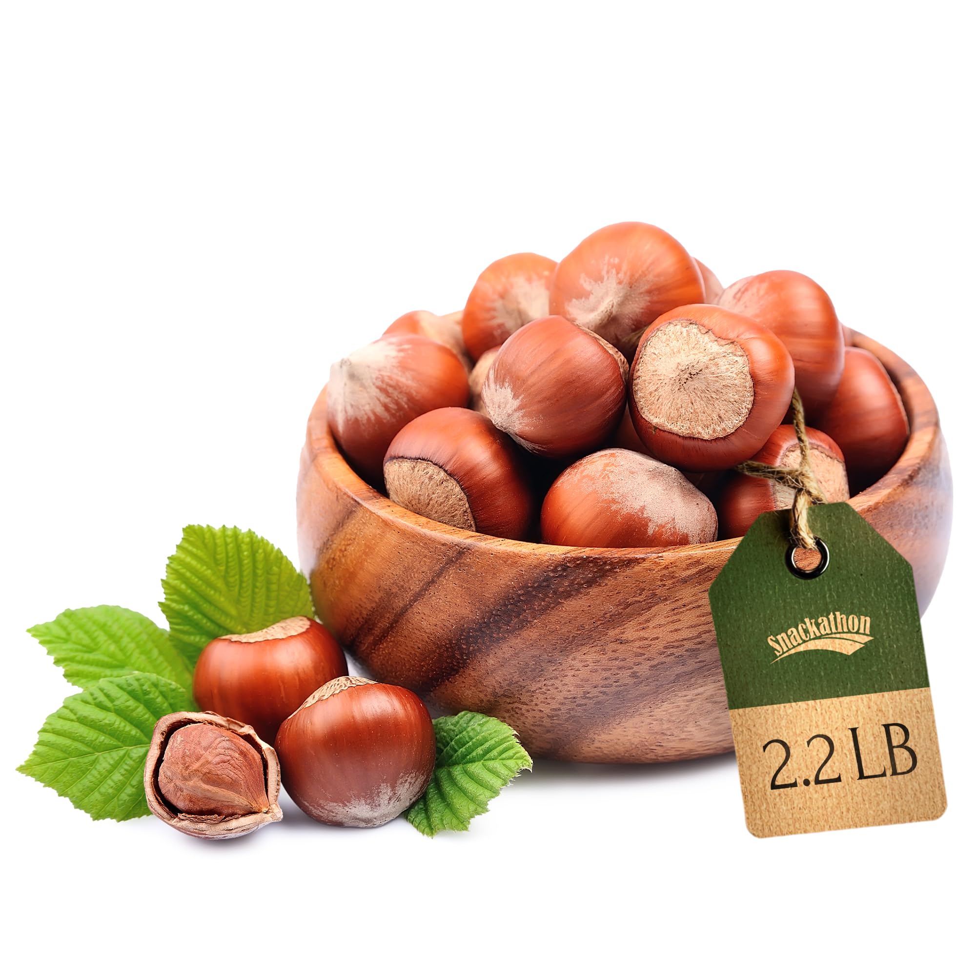 Snackathon bag front view showing 2.2 lb hazelnuts and natural packaging, highlights freshness