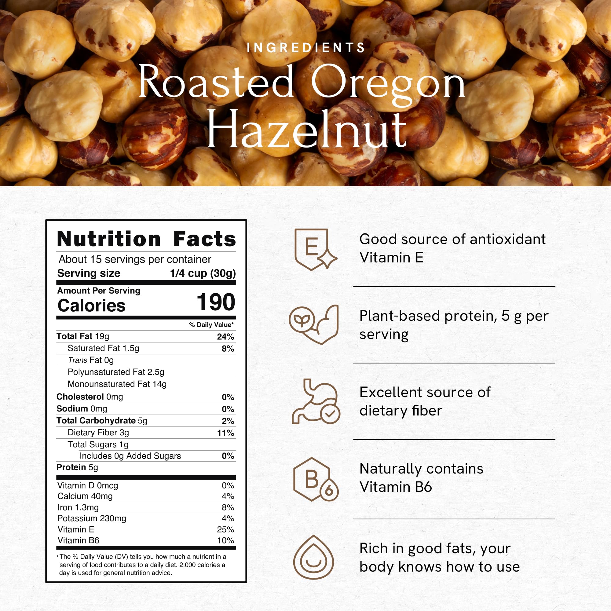 Snackathon hazelnuts beside a measuring cup showing portion size and value