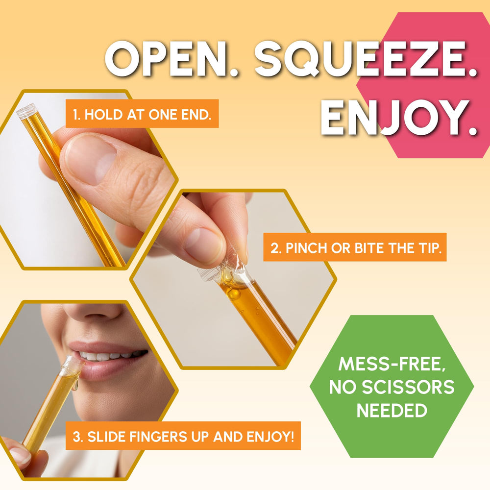 Snackathon honey sticks arranged beside breakfast items showing easy use at the table