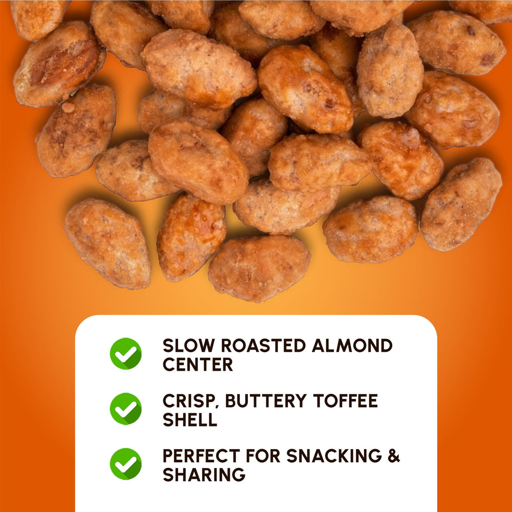 Snackathon toffee almonds poured over ice cream adding crunchy topping