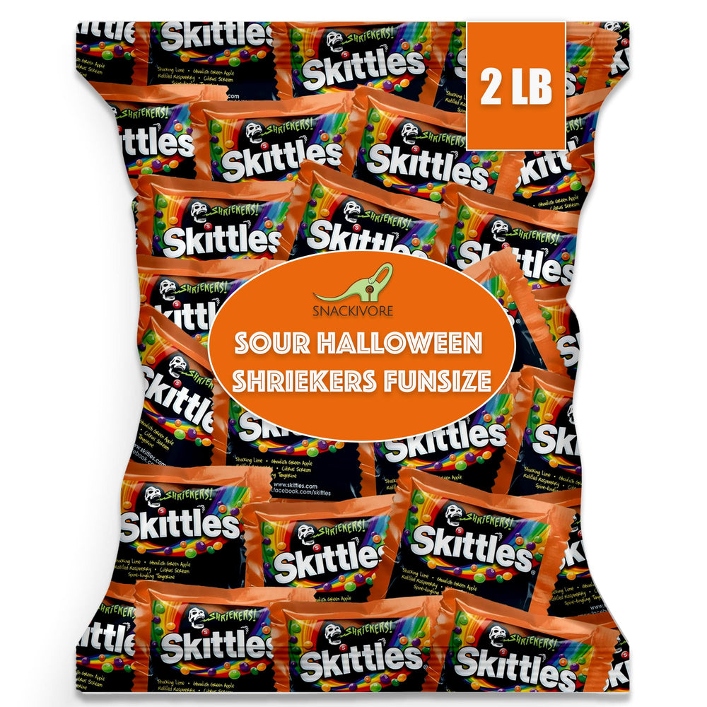 Snackivore front packaging of 2 lb Shriekers bag showing festive Halloween branding and convenience