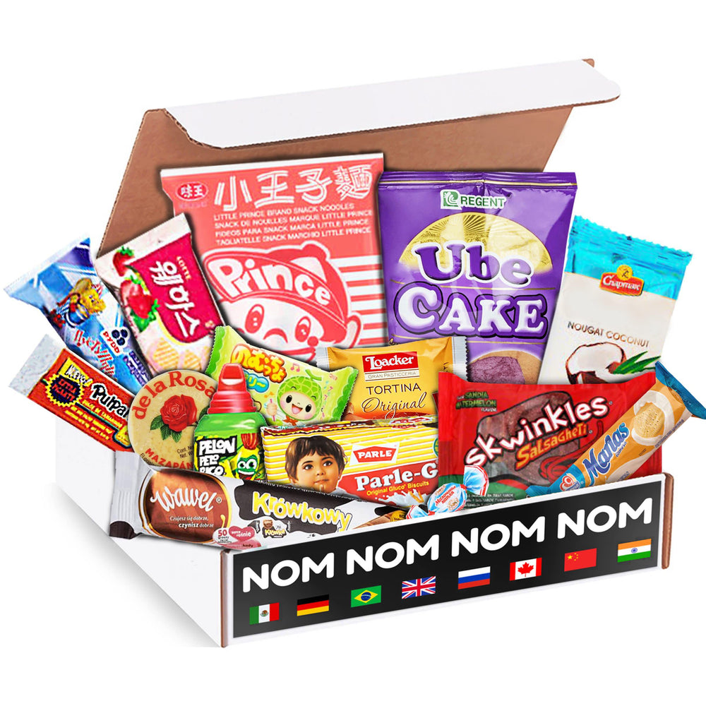 Snackology front packaging showing diverse international snacks and gift-ready presentation