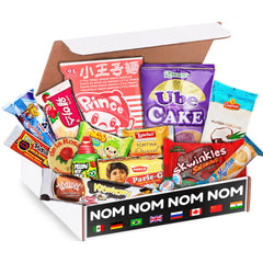 Snackology front packaging showing diverse international snacks and gift-ready presentation
