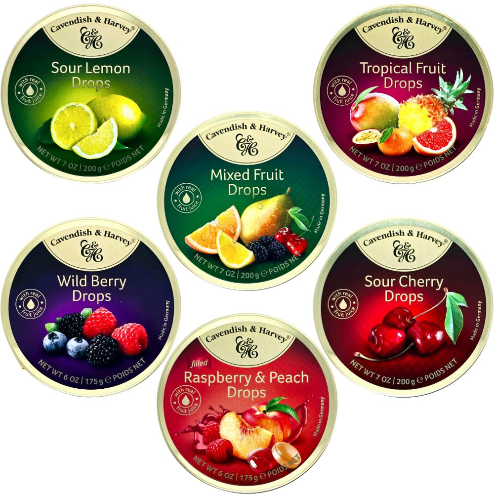 SnackWave Cavendish & Harvey front tins assortment showing colorful labels and portability