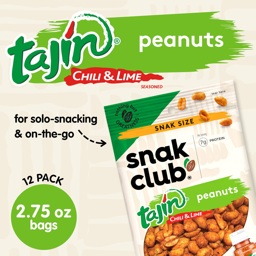 Snak Club closeup of Tajín seasoning on peanuts highlighting zesty texture and crunch