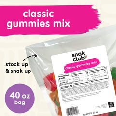 snak club contents spread of mixed gummies showing variety and portion options
