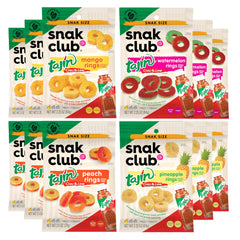 Snak Club front packaging showing Tajin fruit rings for easy grab-and-go