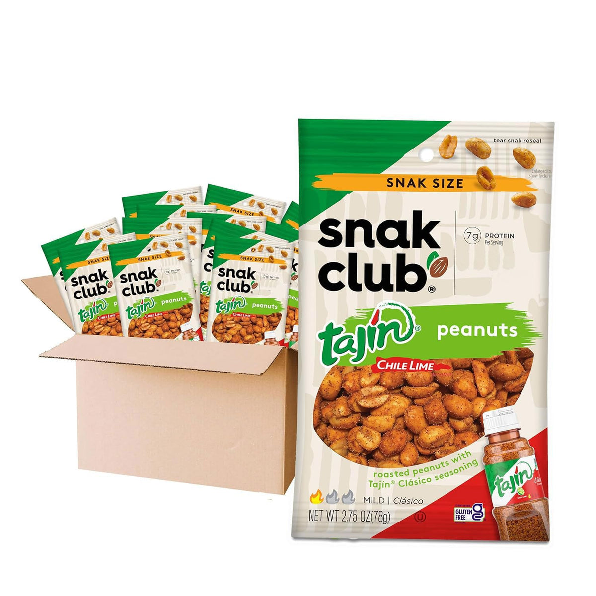 Snak Club front packaging showing Tajin peanuts and bold chili lime flavor benefit