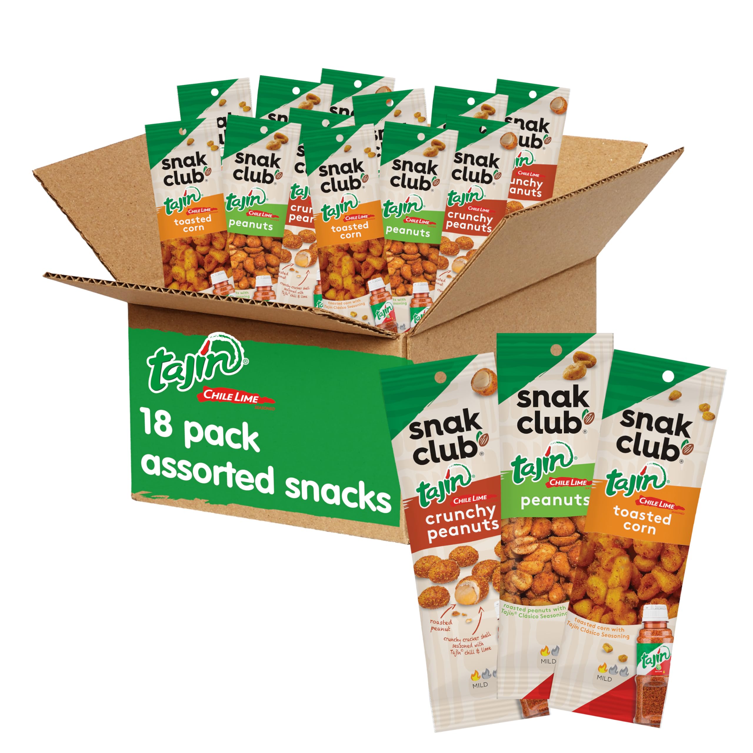 Snak Club front packaging showing Tajin variety pack, convenient grab-and-go