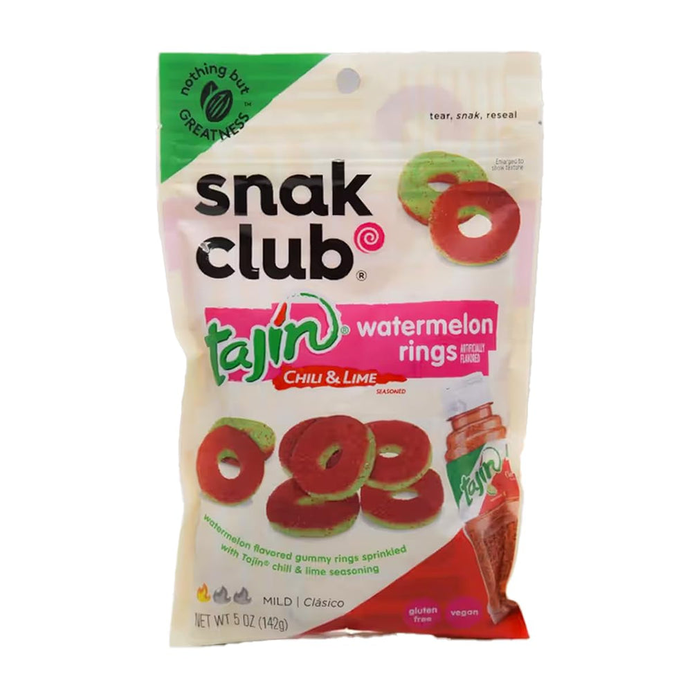 Snak Club front packaging showing Tajin Watermelon Rings and bold branding benefit