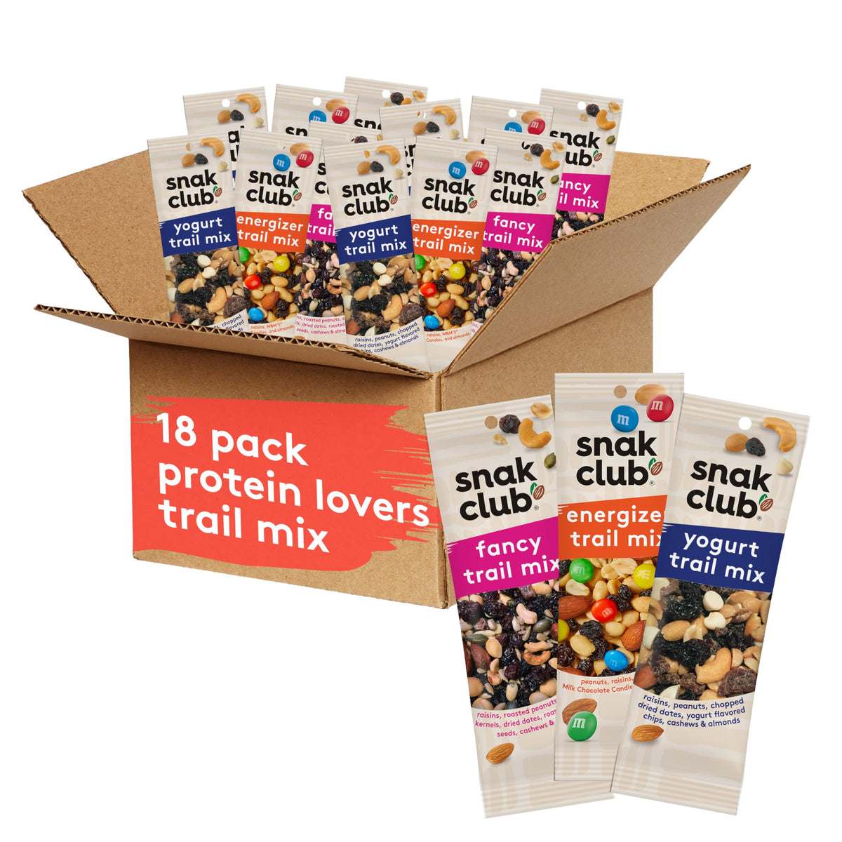 Snak Club front packaging showing trio of flavors and grab-n-run convenience