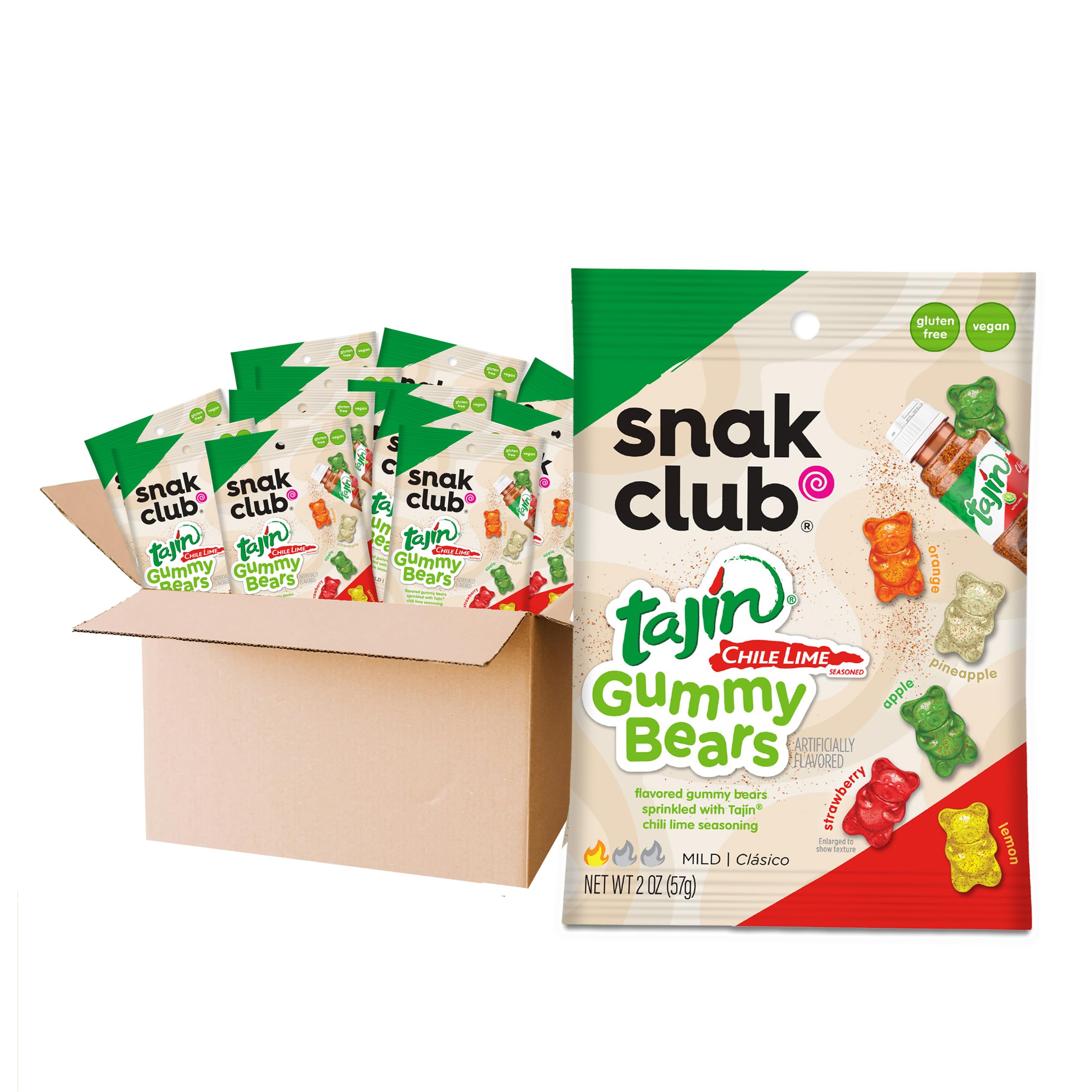 Snak Club front packaging of Tajin gummy bears showing 2 oz snack bag and bold chili‑lime flavor