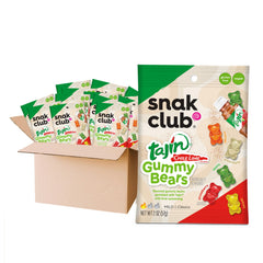 Snak Club front packaging of Tajin gummy bears showing 2 oz snack bag and bold chili‑lime flavor