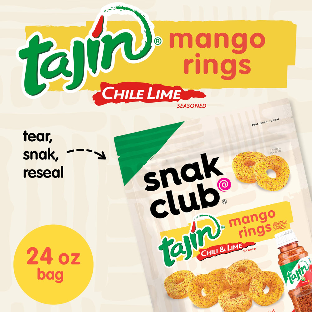 Snak Club close-up of Tajín seasoning on mango rings highlighting tangy chili-lime flavor