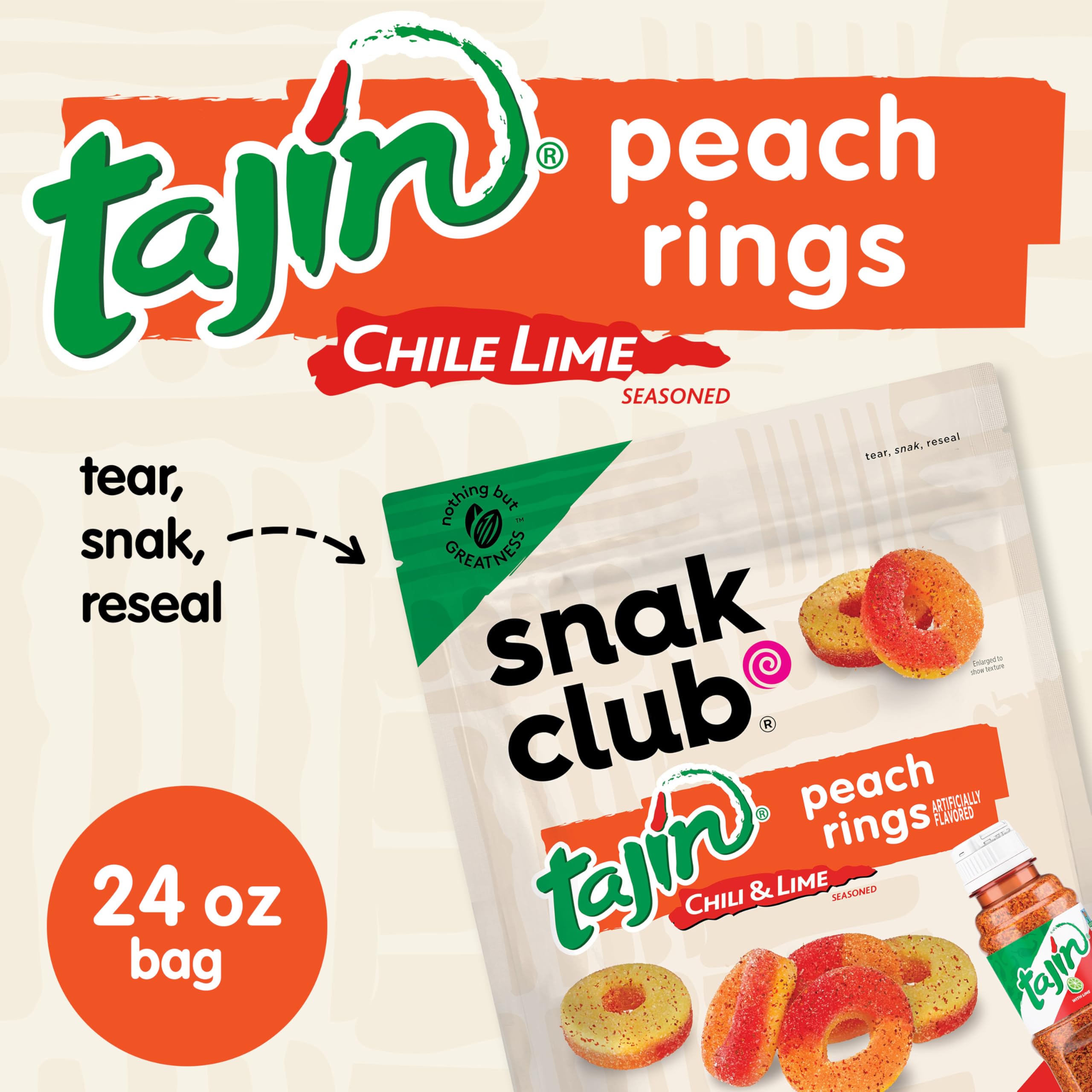 Snak Club open pouch with peach rings spilling, highlighting portability and freshness