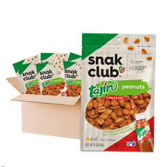 Snak Club front packaging showing Tajin peanuts and resealable bag, flavorful convenience