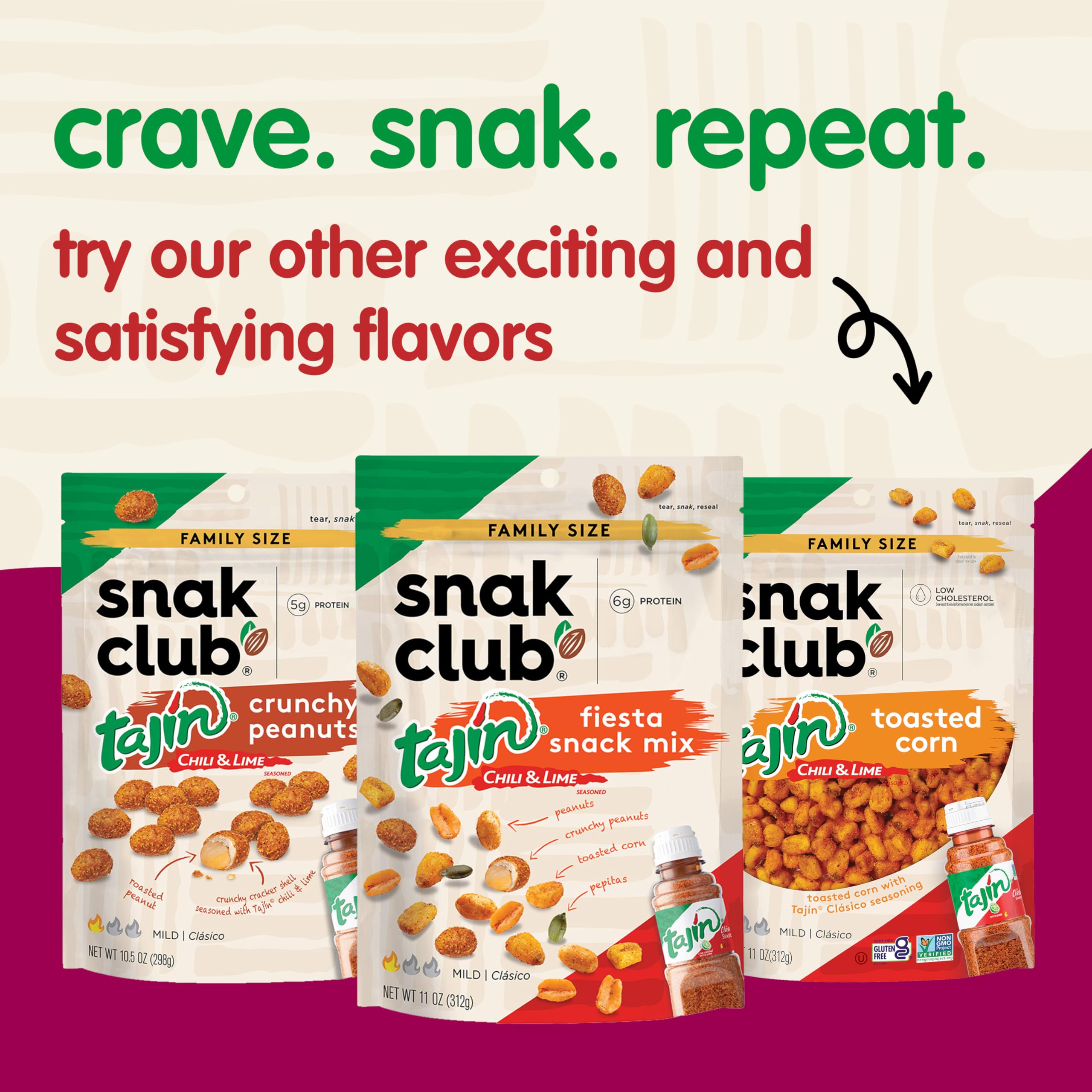Snak Club six-pack of Tajin peanut bags displayed, multi-pack convenience for stocking