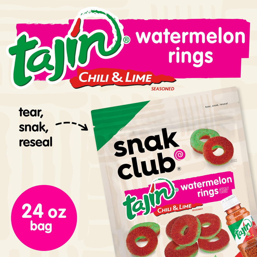 Snak Club close-up of Tajín-coated watermelon ring texture benefit: visible chili-lime seasoning