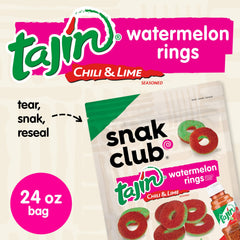 Snak Club close-up of Tajín-coated watermelon ring texture benefit: visible chili-lime seasoning