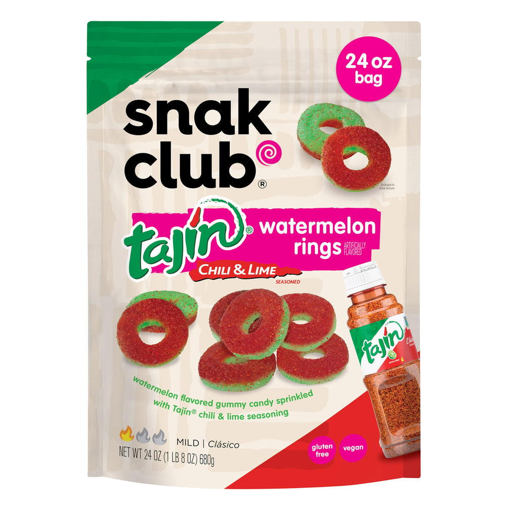 Snak Club front pouch showing 24 oz resealable packaging and vibrant branding benefit: convenient sharing