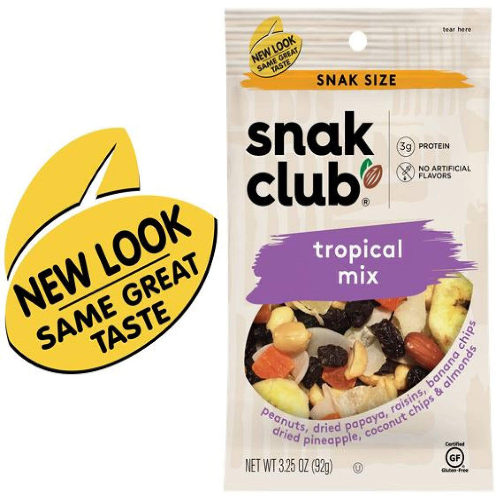 Close-up of Snak Club Tropical Trail Mix ingredients highlighting nuts and dried fruit texture