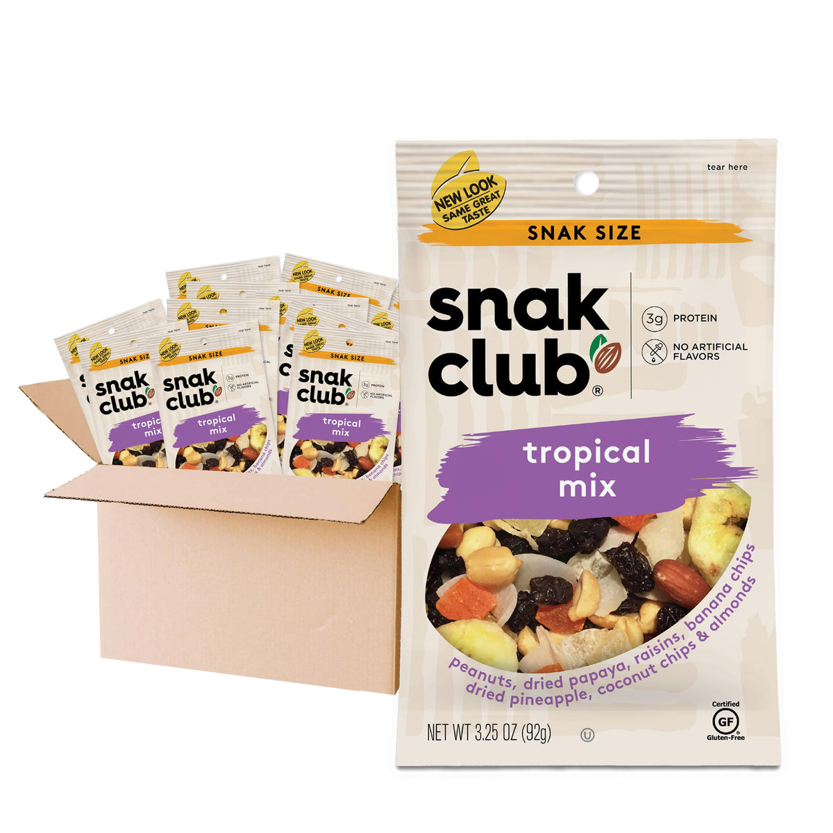 Snak Club Tropical Trail Mix front packaging showing 3.25oz bag for grab-and-go convenience
