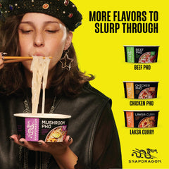 Snapdragon rice noodle texture absorbing savory mushroom broth